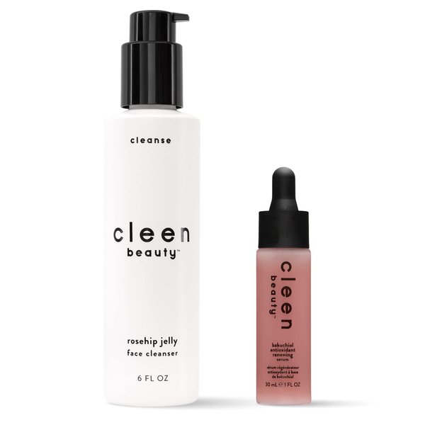 Cleen Beauty Cleanse and Skin Care Set | Daily Regimen | Rosehip Jelly Face Cleanser + Bakuchiol Antioxidant Renewing Serum | Anti-Aging Serum | Hydrate Gentle Face Wash