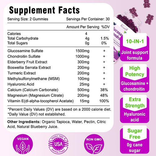 Vazatisi Sugar Free Glucosamine Chondroitin Gummies, 1500mg Glucosamine with MSM Calcium & Boswellia, Support Cartilage, Joint Structure & Tissue, Joint Support Supplement for Men and Women - 60 Cts