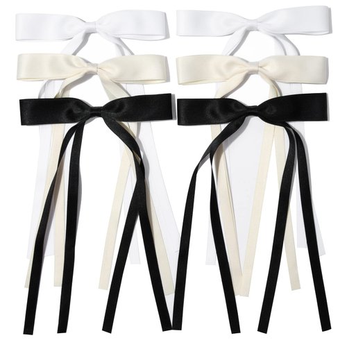 6PCS Hair Bows for Women Hair Clip Hair Tassel Hair Ribbon Ponytail Holder Accessories Slides Metal Clips Barrettes Girls Toddlers Teens Black Beige White