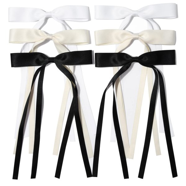 6PCS Hair Bows for Women Hair Clip Hair Tassel Hair Ribbon Ponytail Holder Accessories Slides Metal Clips Barrettes Girls Toddlers Teens Black Beige White