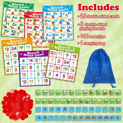 Quilinz Spanish Alphabet Bingo Games,letter/Number/sight word Bingo Game for Kindergarten,ABC and 123 Bingo Board Games for Kids 4-6,Learn Spanish for Kids,Spanish Flash Cards,Toddler Educational Toys