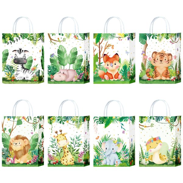 8Pieces Safari Goodie Bags Jungle Animals Party Favor Bags with Handles Zoo Animals Print Candy Bags Woodland Present Bags for Birthday Jungle Themed Party Supplies