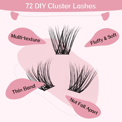 Cluster Lashes, 72 Pcs Individual Lashes, Lash Clusters DIY Eyelash Extension, Super Thin Band Reusable Soft & Comfortable (Eager-D-10-16mix)