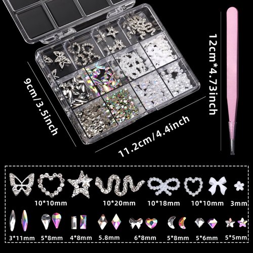 3D Nail Charms, Alloy Silver Snake Star Heart Butterfly Nail Charms and Gems, White Flower Hollow Heart Bows Pearls, Multi-Shapes & Sizes Rhinestones for Nail Art Supplies Manicure Craft DIY