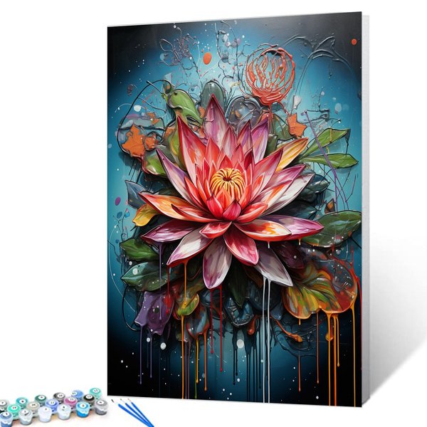 Lotus Flower Oil Paint by Number Water Lily DIY Acrylic Paintwork Kit for Kids Adults Beginner Doodle Graffiti DIY Canvas Painting by Numbers Painting Arts Craft 16x20 Inch Boho Gift(DIY Frame)