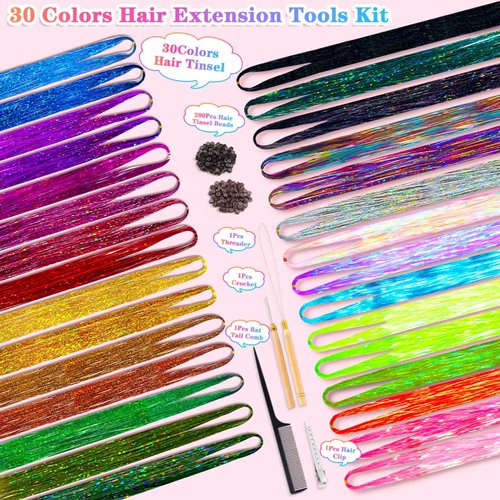 30 Shiny Colors Fairy Hair Tinsel Kit with Tools 48 Inch 6000 Shimmer Hair Glitter Strands Sparkle Hair Extensions for Women Girls Kids Long Short Hair Tensile Kit