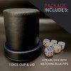 Luck Lab Black Leather Dice Cup with Lid Including 6 Matching Pearl Dice - Blue Velvet Interior for Quiet Shaking - Use for Liars Dice Farkle Yahtzee Board Games, Black