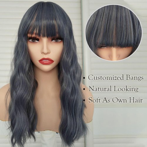 curldiva Blue Short Bob Wave Wigs Synthetic Hair Cosplay Wig with Bangs Loose Curly Shoulder Length Blue-grey Colorful Natural Wave Wig for Women Blue Haze Costume Wig