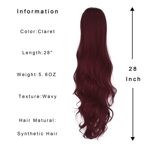 JHZSJF Red ponytail Extension Wavy Drawstring Fak Ponytails,Long Body Clip Hair Extensions Pony Tail Hair Pieces For Women Girls (28 inches, 28"-116-Claret)