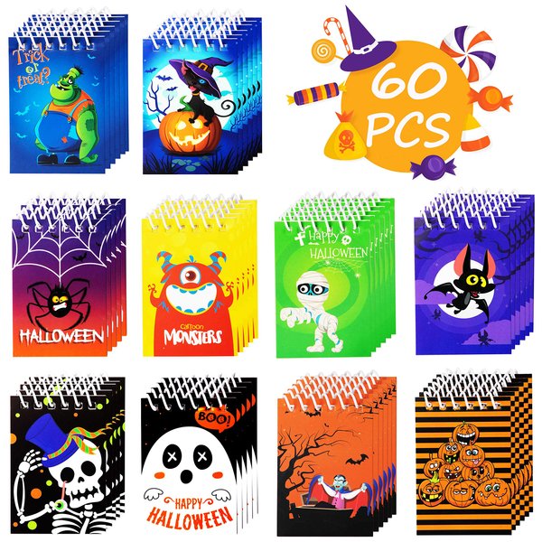 90shine 60PCS Halloween Notepads Party Favors for Kids - Spiral Notebooks Hallowmas Trick or Treat Goodie Bag Stuffers Filler Gifts Supplies Decorations, 10 Styles