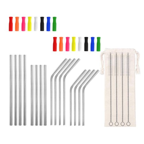 Lazycorner 16 Short Metal Straws, 6mm 5.5" 6.5" Kids Reusable Straws+Silicone Tips+Cleaner, Mini Small Stainless Steel Straws Fit 8 10 12 oz Tumbler/Wine Tumblers, Reusable Cocktail Straws(Silver)