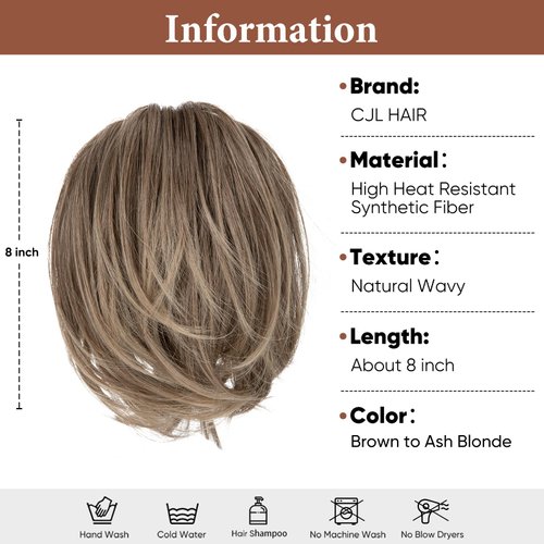 CJL HAIR Claw Clip Short Ponytail Hair Extensions Bendable Metals Messy Bun Hair piece Wavy Curly Fake Hairpieces (Ash Blonde with Dark Root, Straight)