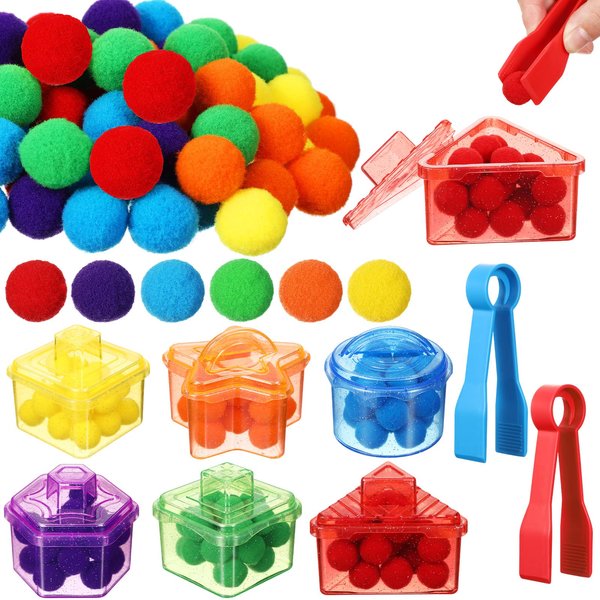 Lenwen 128 Pcs Fine Motor Skills Toys Sensory Bin Filler Include 120 Pom Pom Balls 6 Sorting Containers 2 Tweezers, Sorting Toys Fine Motor Games Preschool Learning Activities Early Education Counting