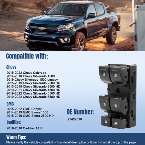 LCWRGS Master Power Window Switch Driver Side Compatible with 2014-2022 Chevy Silverado 1500 2500 HD 3500 HD, Colorado, GMC Canyon, Sierra, Canyon, Cadillac ATS-V, OE# 23427098