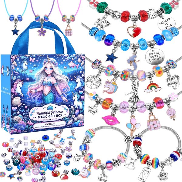 VICTLOV Charm Bracelet Making Kit, DIY Craft for Girls, Unicorn/Mermaid Crafts Gifts Set for Arts and Crafts for Girls Teens Ages 5-12 (Aqua 95 Pieces)