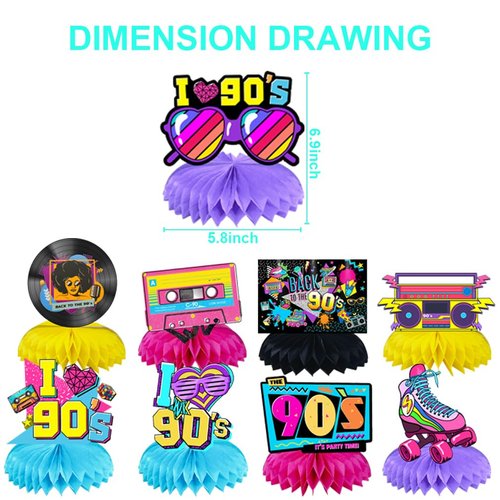 9Pcs 90S Birthday Party supplies set Honeycomb Centerpieces Double Sided Table Topper for 90'S Birthday Party Decorations (90S)