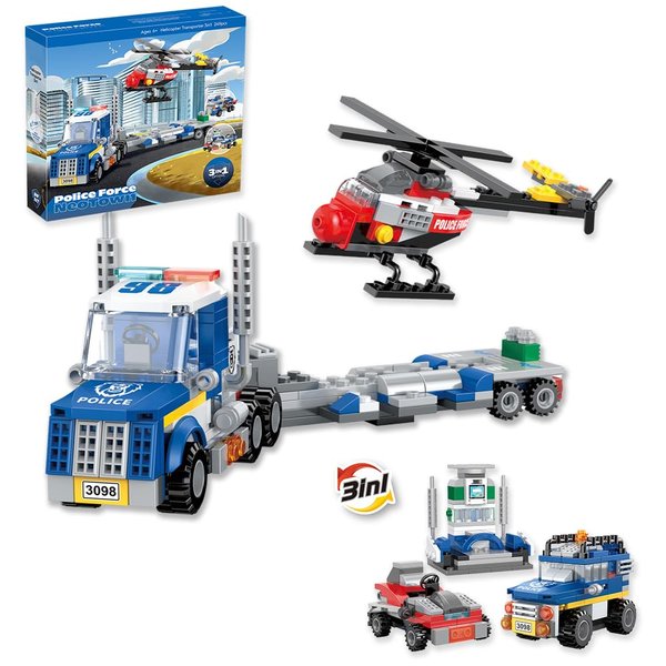 3in1 City Police Building Set, Police Car Transporter Building Toys, Police Truck with Trailer & Rescue Helicopter, Police Chase Building Kit, Gift for Boys Kids