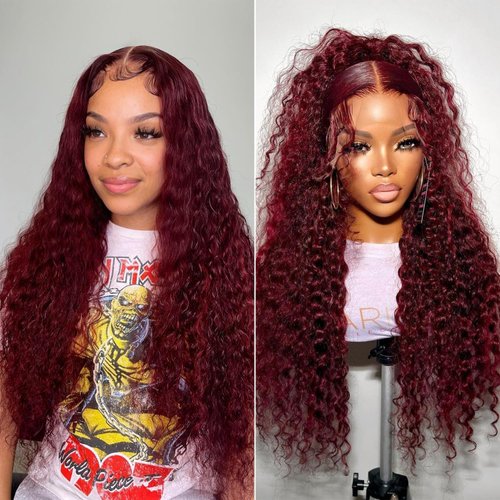 99j Burgundy Lace Front Wigs Human Hair Deep Wave Glueless 13x5 Hd Lace Frontal Curly Wigs for Black Women Brazilian Human Hair Wig pre Plucked 30 Inch