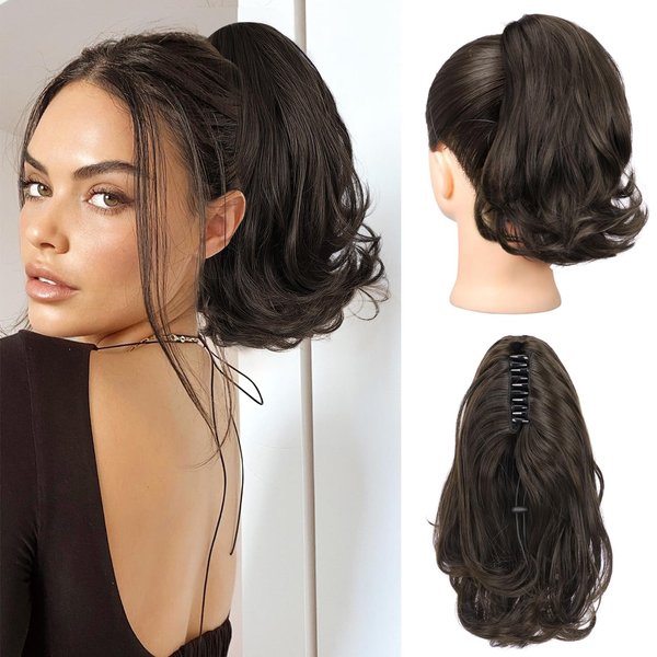 KooKaStyle Ponytail Extension, 10" Short Claw Clip in Pony Tails Hair Extensions Curly Wavy Synthetic Drawstring Ponytail Hair pieces for Women Girls Dark Brown