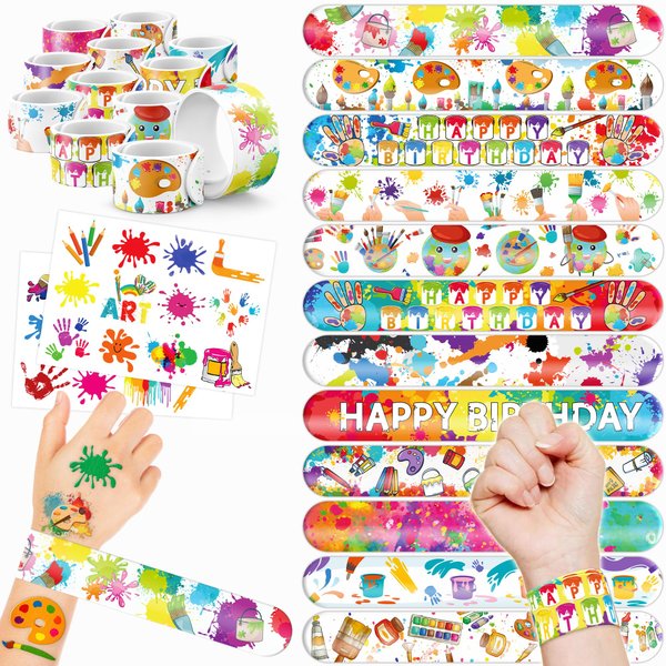 48PCS Art Party Favors 24PCS Tattoos 24PCS Slap Bracelets Wristbands Themed Birthdays Party Supplies Decorations Decor Artistry Painting Creativity Pattern Girls Boys Gifts Classroom Prize Reward