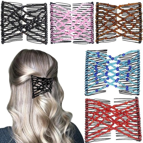 5 Pieces Elastic Magic Hair Comb Stretchy Double Comb Hair Forks Clips for Women Girls Vintage Hairstyle Multipurpose Hair Accessories (Black,Coffee,Pink,Red,Blue)
