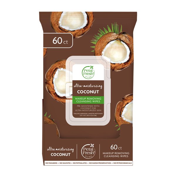 Petal Fresh Ultra- Moisturizing Coconut Makeup Removing, Cleansing Towelettes, Gentle Face Wipes, Daily Cleansing, Vegan and Cruelty Free, 60 count