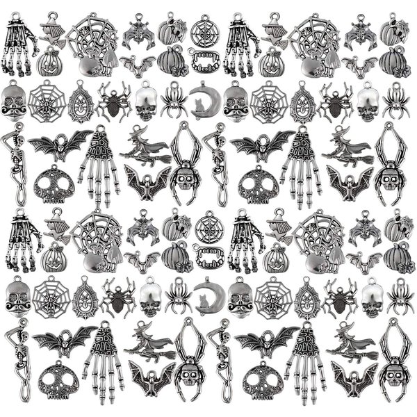 Hicarer 80 Pieces Halloween Charms Pendants Antique Silver Pendants Halloween Jewelry Making Accessory for DIY Necklace Bracelet