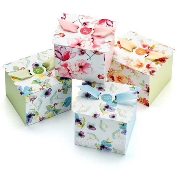 Hayley Cherie Floral Gift Treat Boxes with Ribbons & Lids (20 Pack) 350gsm Card, 4 x 4 x 3.2 Inches for Favors, Baby Showers, Christmas, Bridesmaids, Parties, Birthdays, Weddings