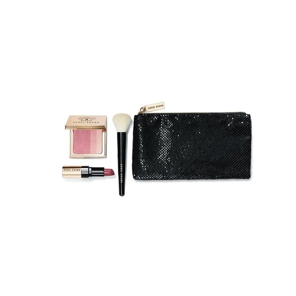 Bobbi Brown Luxe Collection 4 Pc Gift Set: Rose Pink Brightening Blush + Soft Berry Luxe Lip Color Lipstick + Face Blender Brush + Luxury Cosmetics Bag + Hydrating Face Cream Sample Packette