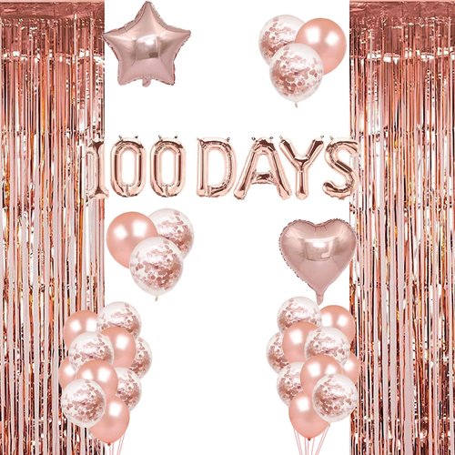 Rose Gold 100 Days Balloons, Happy 100 Days Banner, Korean 100 Days/Baby's 100th Day/100 Days of School/Fall in Love 100 Days Themed Baby Shower Wedding Party Supplies Decorations