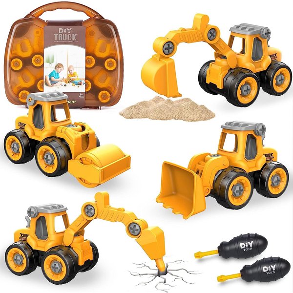 Pelsol Take Apart Construction Vehicles Toy Set 4 in 1 with Handcase, DIY Excavator Digger with Screwdriver, Building Educational Assembly Engineering Truck for 3-6 Years Old (Yellow)