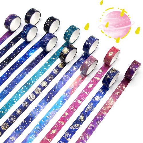 24 Rolls Washi Tape Set - Gold Foil Galaxy Decorative Masking Tape Constellation,Stars,Celestial,Adhesive Tape for Bullet Journal,Diy Craft,Scrapbooking Supplies,Gift Wrapping,Party decoration
