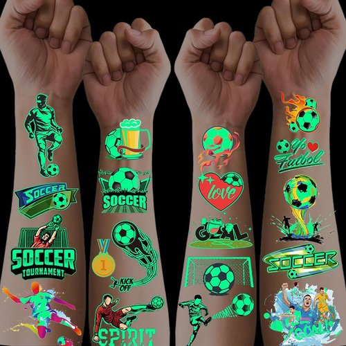 VICDUEKG 200 Pcs Soccer Sports Temporary Tattoos for Kids, Glow In The Dark Tattoos for Boys and Girls, Soccer Fake Tattoo Stickers for Adults Kids Goody Bag Stuffers Prizes Party Favors