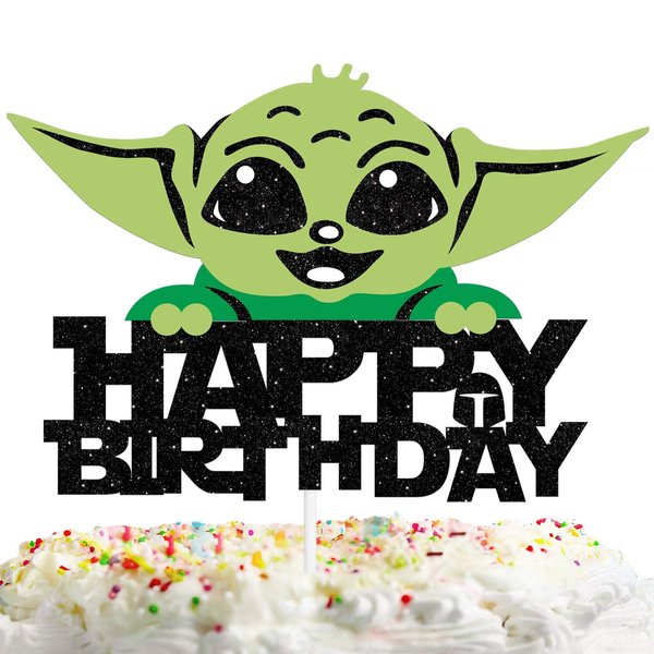 Space Cake Topper Happy Birthday Cartoon Theme Black Glitter Decor for Baby Shower Birthday Party Decorations Supplies
