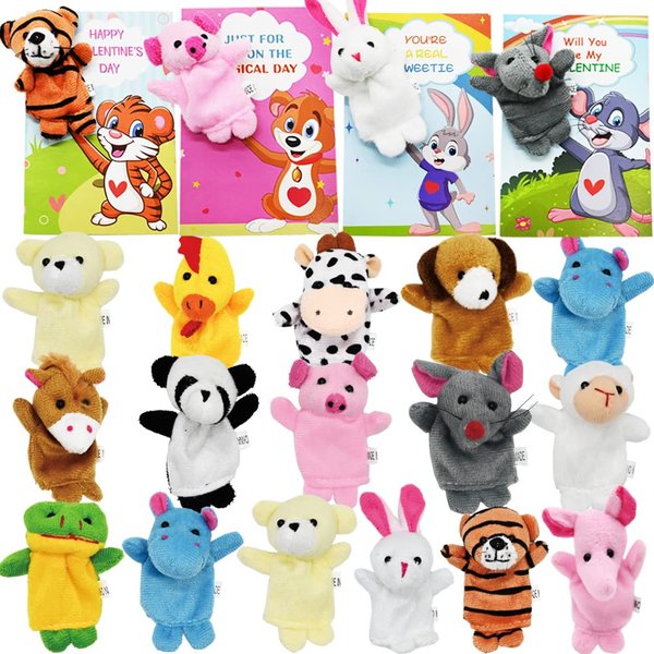 Valentines Day Cards for Kids, 16 Packs Animal Finger Puppet with Valentines Day Card, Plush Finger Puppet Valentines Sets for Kids Classroom Exchange Prizes, Valentine’s Greeting Cards