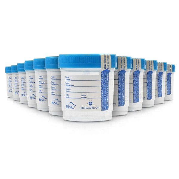 SNL Quality Sterile Specimen Cups, Screw-on Cap with Tamper Evident Seal, 3oz., Blue Cover - Pack of 12