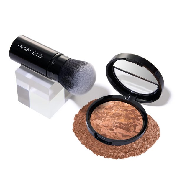 LAURA GELLER NEW YORK Get Glowing Kit (2pc): Baked Balance-n-Glow Illuminating Powder Foundation, Tan + Airbrush Kabuki Makeup Brush