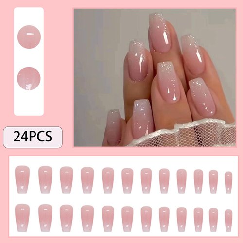 WAFOLOZE Medium Press on Nails, Ombre Pink Nails Press on Square Fake/False Nails with Glitter Powder Press ons Designs Gloss Acrylic Artificial Nails Stick on Nails for Women 24pcs