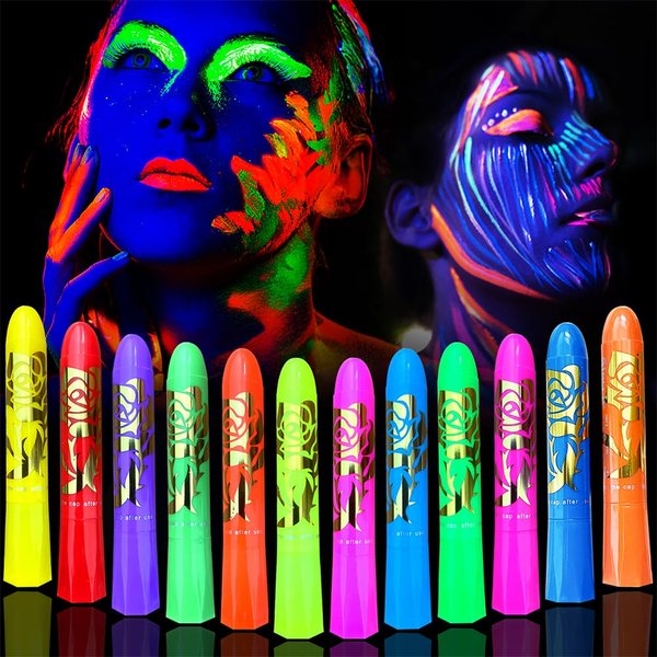 12 Color Glow in the Dark Face and Body Painting, Black Light Neon Face Painting and Kids Body Painting Kits Mardi Gras Halloween Camouflage UV Birthday Party Camouflage Party Supplies (12 COLOR)