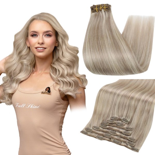 Full Shine Clip in Hair Extensions 120Grams Blonde Clip in Human Hair Extensions Remy Seamless Ash Blonde Hair Highlight Platinum Blonde Real Hair Clip in Extensions Double Weft 7Pcs/120G 22 Inch