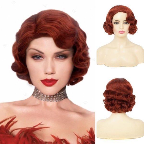 Amnenl Short Red Finger Wave 1920s Wigs for Women Synthetic Hair Wig Cosplay Halloween Costume Flapper Wig(Brown Red)
