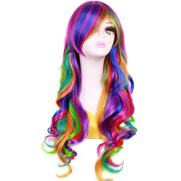 BERON Rainbow Wig Long Curly Wig with Bangs for Women Colorful Wigs Long Wavy Rainbow Multi Colorful Wig with Wig Cap