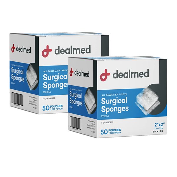 Dealmed 2" x 2" All Gauze Surgical Sponges, 8-Ply Sterile Woven Gauze Pad Wound Care for First Aid Kit and Medical Facilities, 2 Sponges/Pouch, 50 Pouches/Box (Pack of 2)