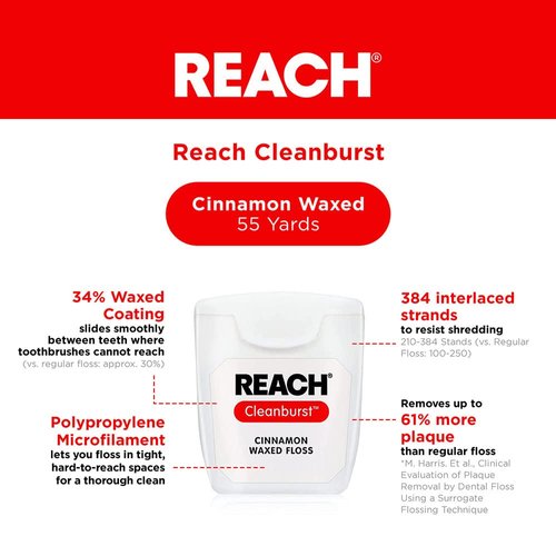 REACH Waxed Dental Floss 6 Pack Bundle, Cinnamon, Plaque Remover, Shred Resistant, Extra Wide Cleaning, Gentle on Gums & Teeth, PFAS-Free, Oral Care, for Adults & Kids, 55yd