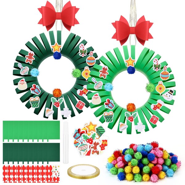 HyDren 132 Pcs Christmas Craft Kits for Kids Adults DIY Christmas Wreath Craft Bulk Christmas Wreath Making Kit Xmas Arts Crafts with Pompom Stickers Ribbon Latex for Christmas Tree Party Decorations