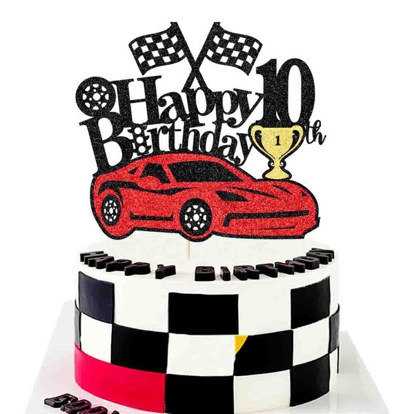 Ruscalin Car Cake Topper Happy 10th Birthday Cake Topper for Racing Car Checkered Flag Themed Kids Boy Girl Happy Birthday Party Supplies (10th)