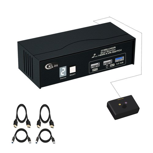 CKLau 8K60Hz 4K144Hz Dual Monitor KVM Switch, 2 Port USB 3.0 HDMI KVM Switch 2 Monitors with Cables, Digital Display for 2 Computers Sharing Keyboard Mouse Display Peripheral Device
