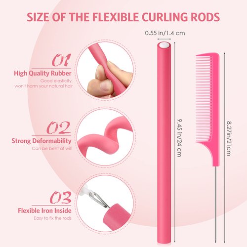 Syhood 30 Pieces Flexible Curling Rods Twist Foam Hair Rollers Soft Foam No Heat Hair Rods Rollers and 1 Steel Pintail Comb Rat Tail Comb for Women Long Short Hair(9.45 x 0.55 Inch,Rose Pink)