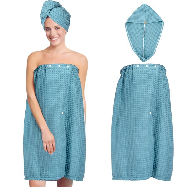 TOCOHO Women Microfiber Waffle Hair Drying Towel and Bath Wrap Towel Set- Adjustable Soft Body Wraps Dress with Hair Turban, Super Absorbent to Quick Drying Hair and Body (Blue)