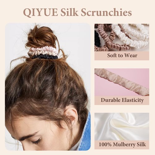 QIYUE 100% Mulberry Silk Scrunchies for Hair,Hair Ties Ropes Ponytail Holder for Women Girls Hair Accessories Decorations，22 Momme Hair Elastics Bands (Black,Light Gold,Ivory)